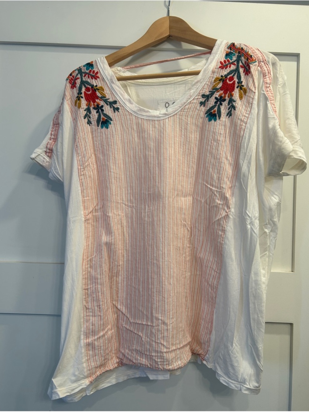 Johnny Was White & Peach Striped Embroidered Scoop Neck Tunic